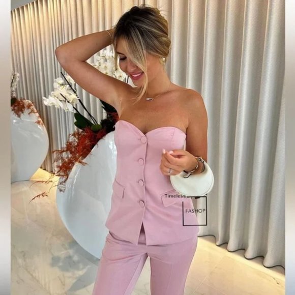 ZARA 2 PIECE SET FLARED SATIN PANTS AND BUSTIER VEST PINK - Picture 5 of 7